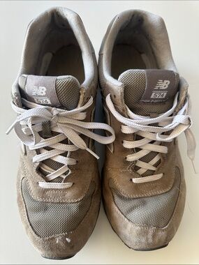 New Balance tan and light gray suede mesh sneakers